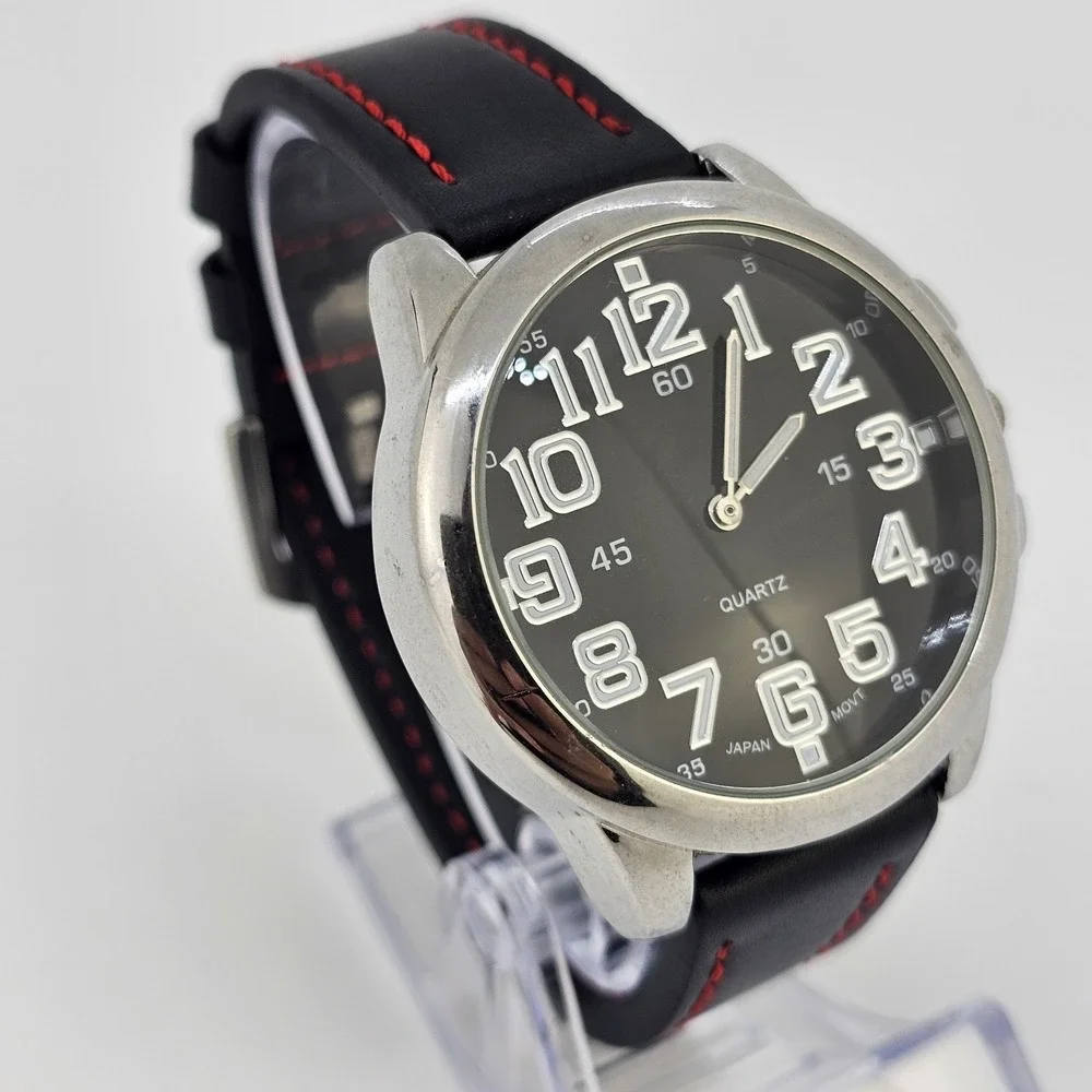 Men's Analog Watch 44MM Black Dial‎ Black Red Faux Leather Bands New Battery